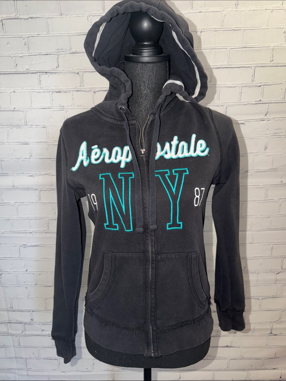 Aeropostale Black Hoodie Jacket with Teal & White Embroidery S/P